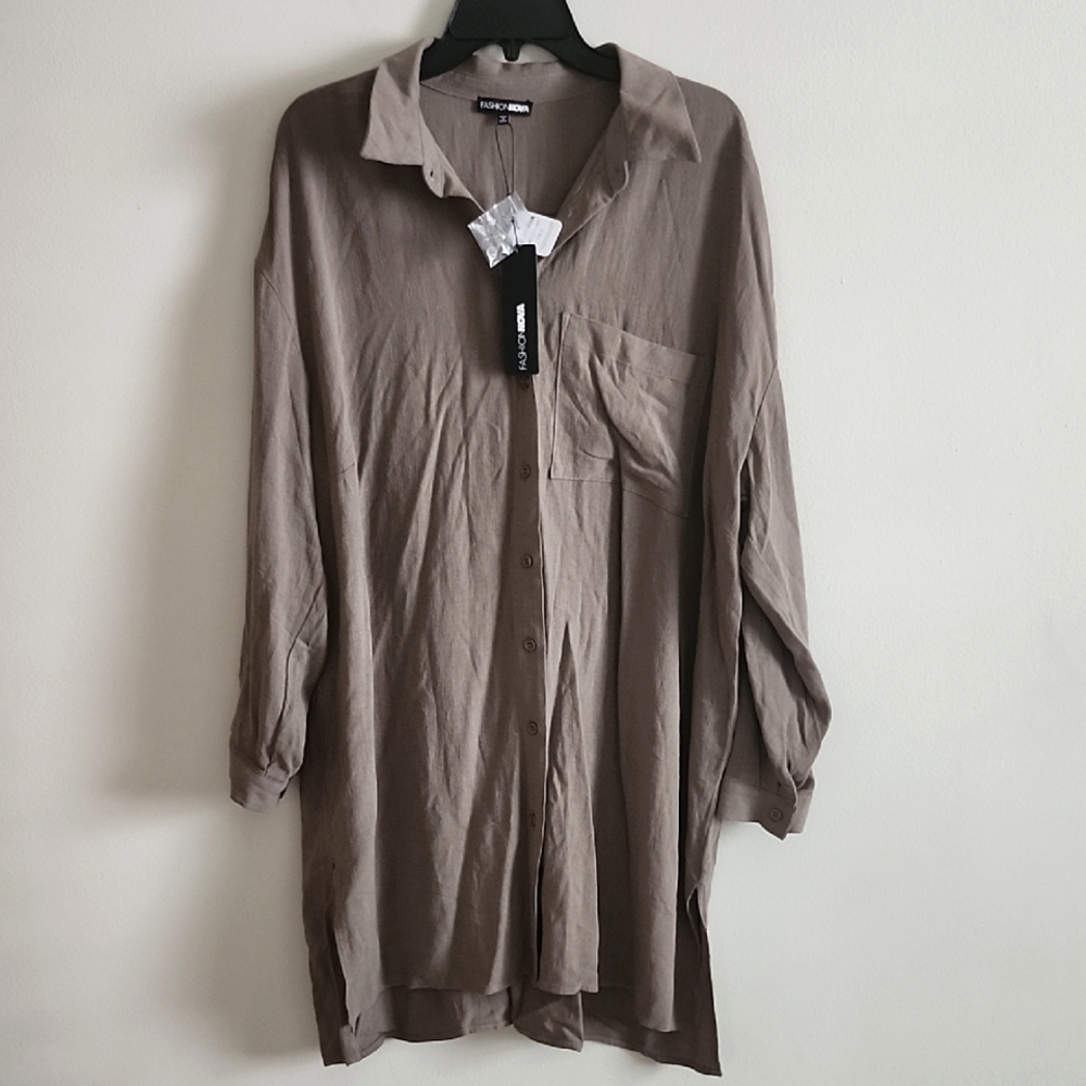 Fashion Nova Olive Womens Shirt Dress Long Sleeve Buton Front, XL NWT